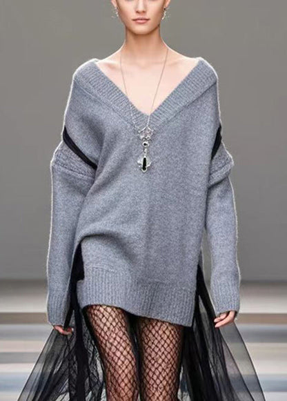 Diy Grey Oversized Patchwork Tulle Warm Sweater Dress Winter