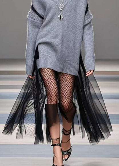 Diy Grey Oversized Patchwork Tulle Warm Sweater Dress Winter