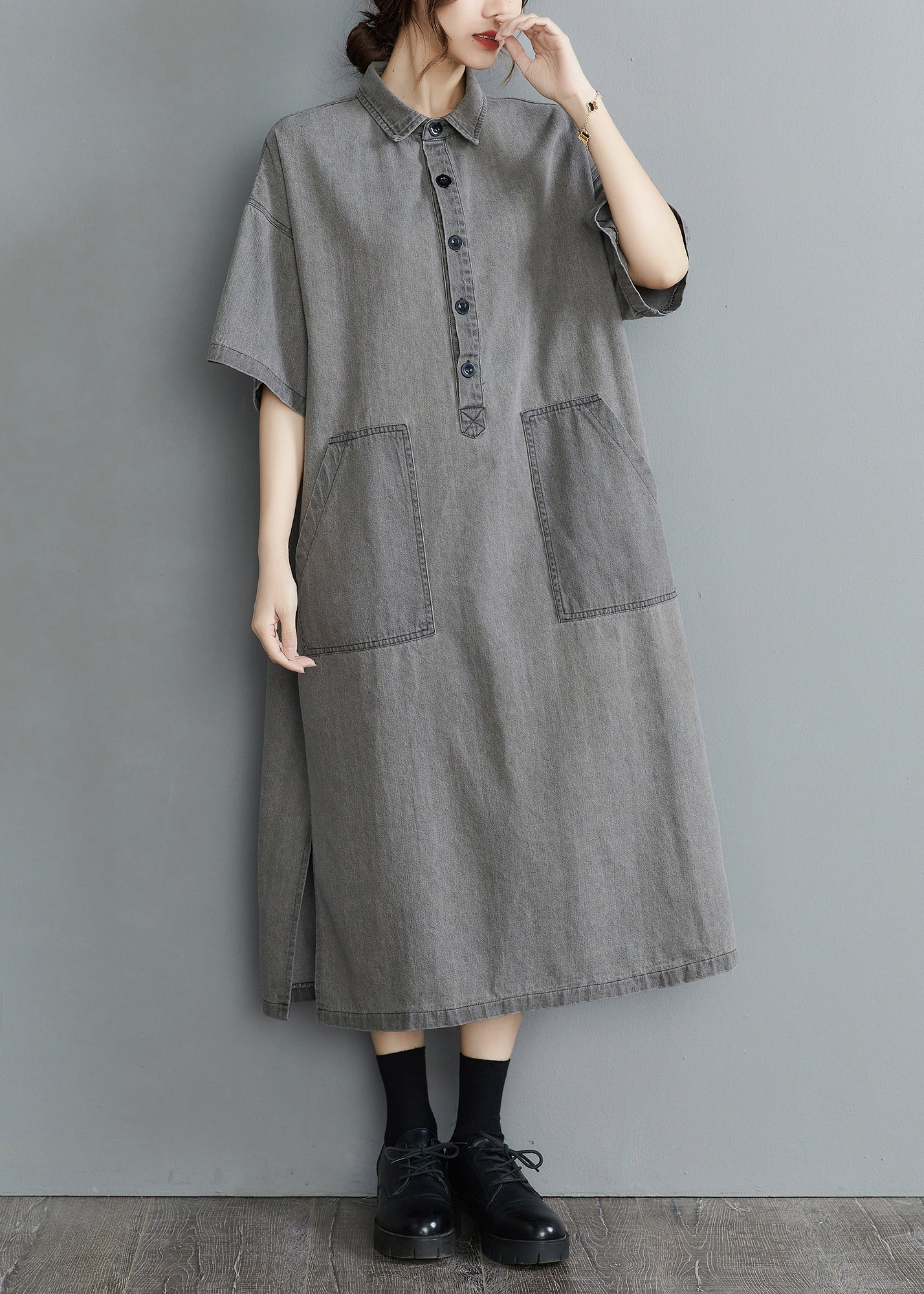Diy Grey Oversized Pockets Side Open Denim Vacation Dress Summer