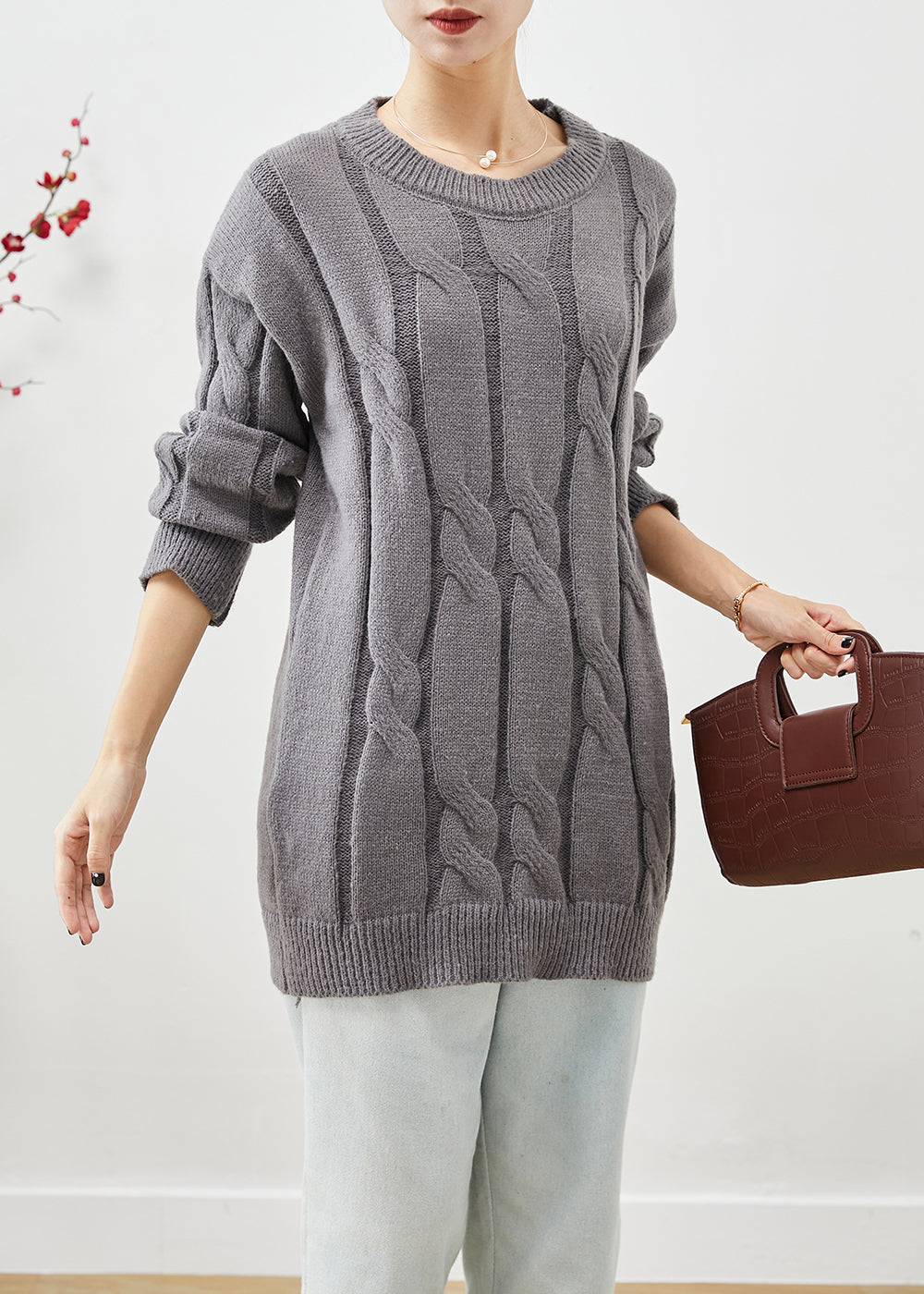 Diy Grey Oversized Thick Cable Knit Sweater Tops Winter