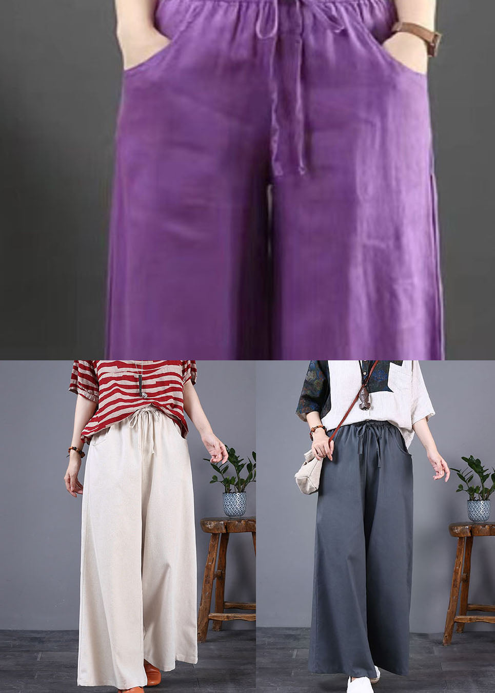 Diy Grey Pockets Elastic Waist Patchwork Cotton Wide Leg Pants Summer