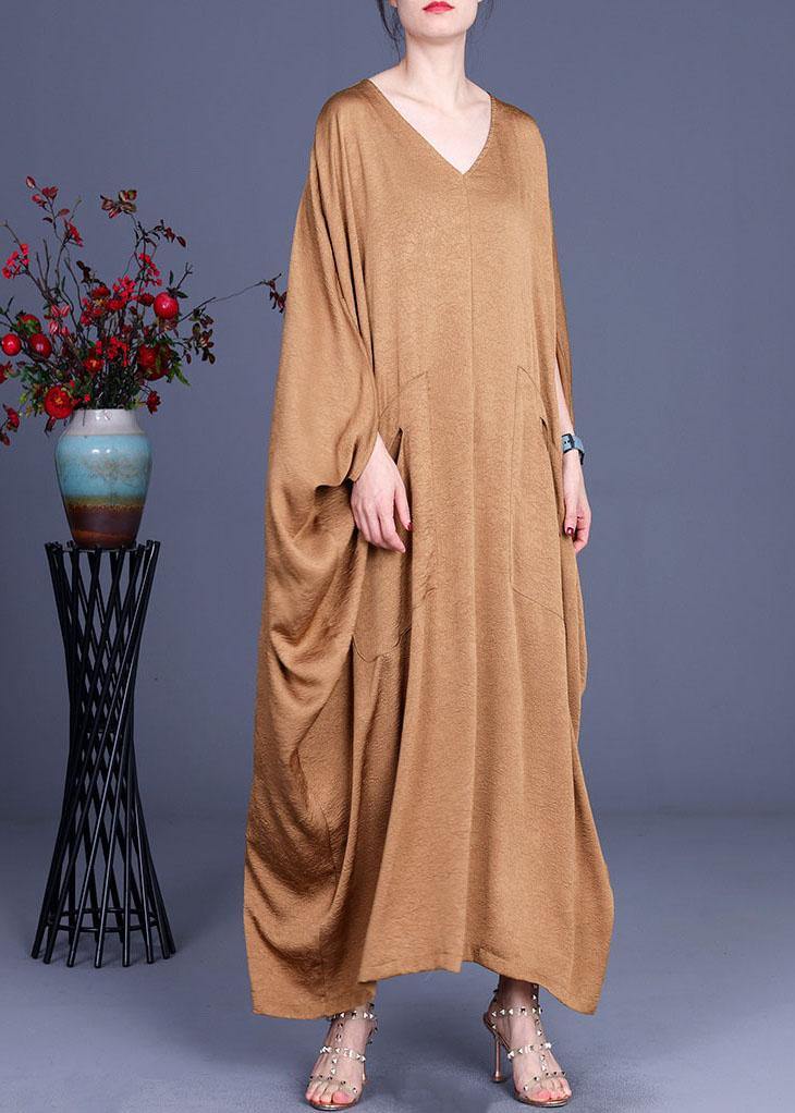 Diy Khaki Asymmetrical V Neck Summer Silk Sundress Bat Wing Sleeve