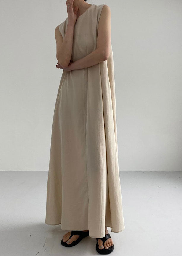 Diy Khaki O Neck Exra Large Hem Cotton Dresses Sleeveless