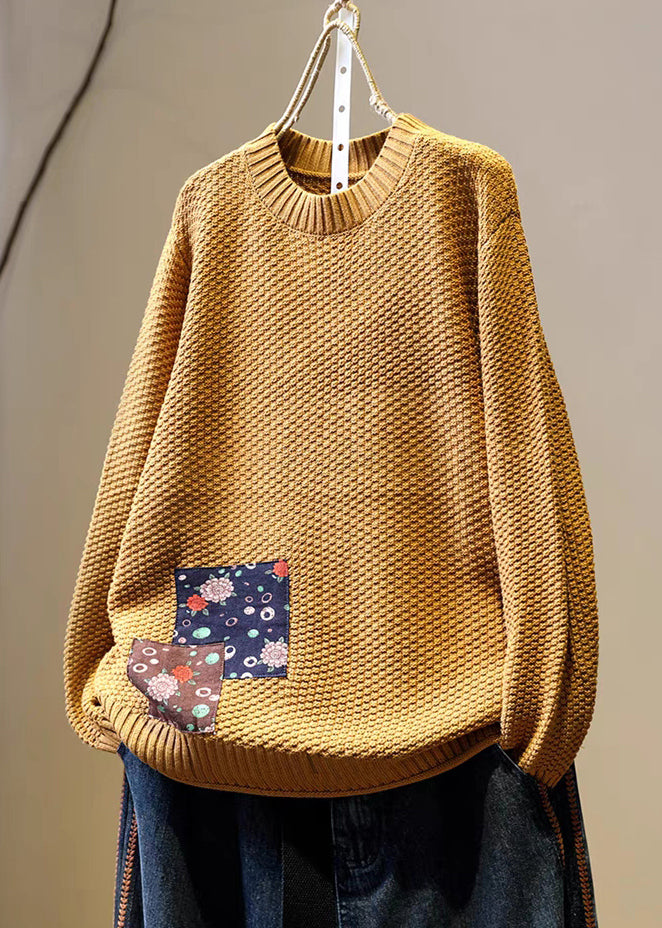 Diy Khaki Oversized Patchwork Applique Knit Sweater Winter