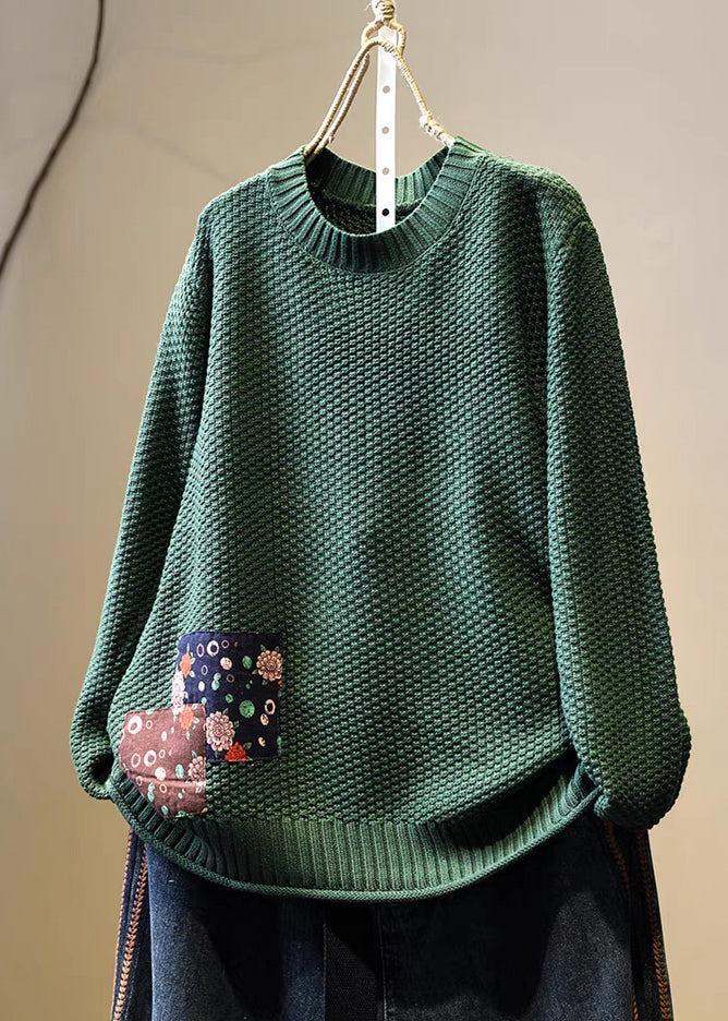 Diy Khaki Oversized Patchwork Applique Knit Sweater Winter