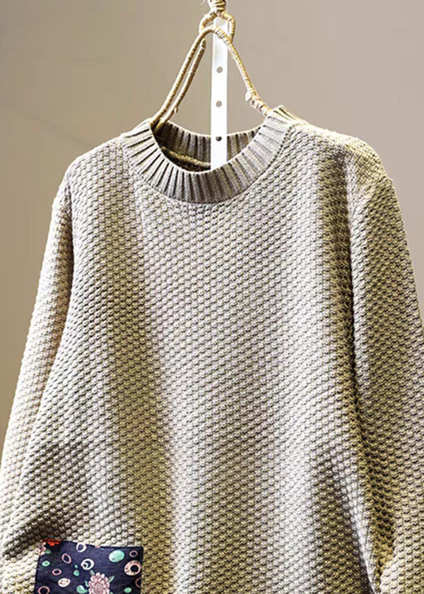 Diy Khaki Oversized Patchwork Applique Knit Sweater Winter