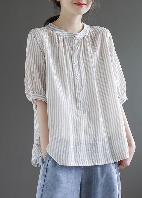 Diy Khaki Oversized Striped Cotton Shirt Half Sleeve