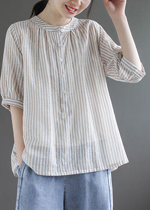 Diy Khaki Oversized Striped Cotton Shirt Half Sleeve