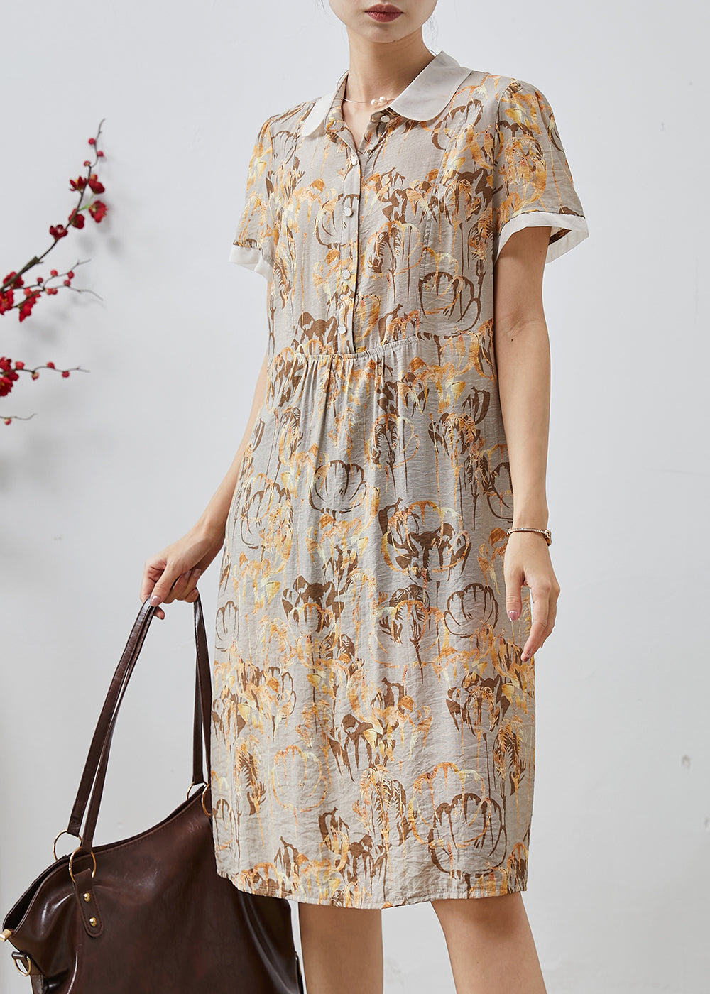 Diy Khaki Peter Pan Collar Print Cotton Shirt Dresses Summer