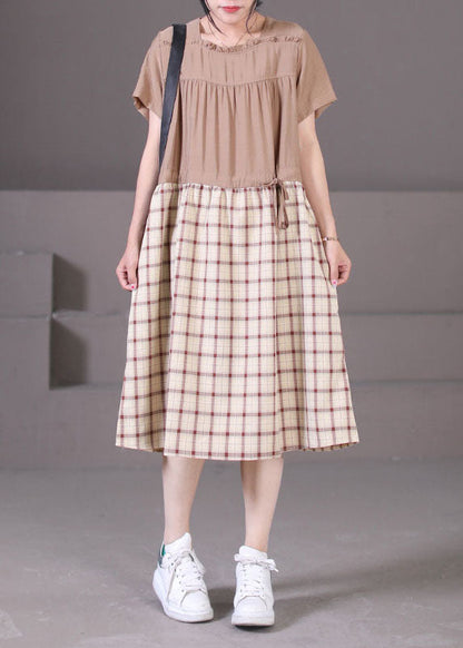 Diy Khaki Square Collar Wrinkled Ruffled Drawstring Plaid Maxi Dresses Short Sleeve