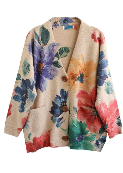 Diy Khaki V Neck Print Mink Hair Knitted Loose Coat Spring