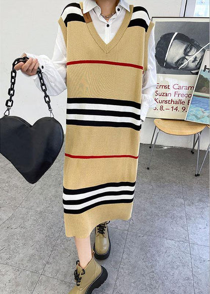 Diy Khaki V Neck Striped Fall Knit Sweater Dress