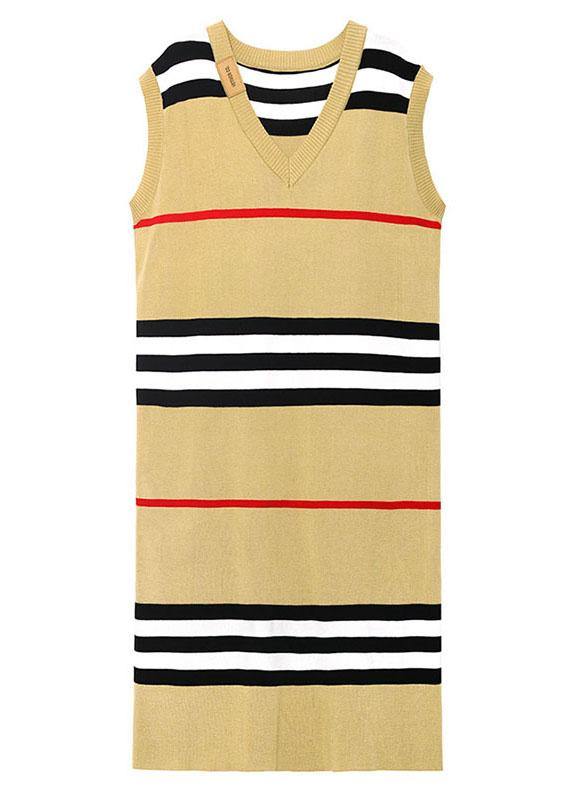 Diy Khaki V Neck Striped Fall Knit Sweater Dress
