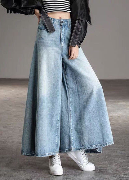 Diy Light Blue-chrysanthemum Pockets Wide Leg Fall Denim Pants