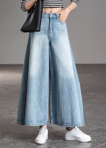 Diy Light Blue-chrysanthemum Pockets Wide Leg Fall Denim Pants