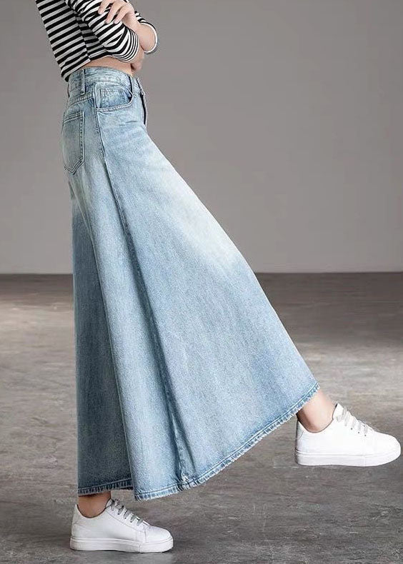 Diy Light Blue-chrysanthemum Pockets Wide Leg Fall Denim Pants