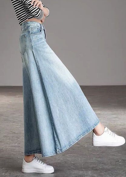 Diy Light Blue-sunflower Pockets Wide Leg Fall Denim Pants