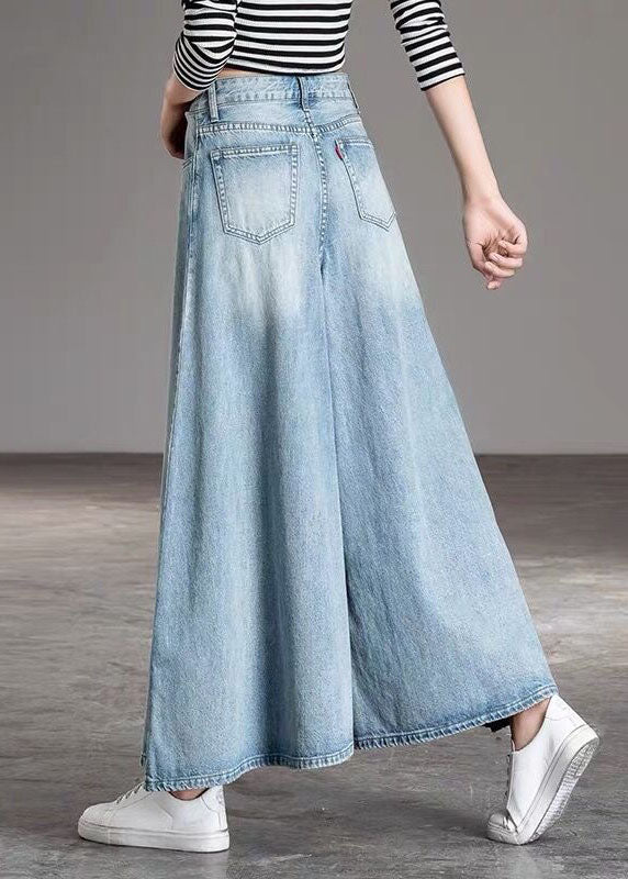 Diy Light Blue-sunflower Pockets Wide Leg Fall Denim Pants