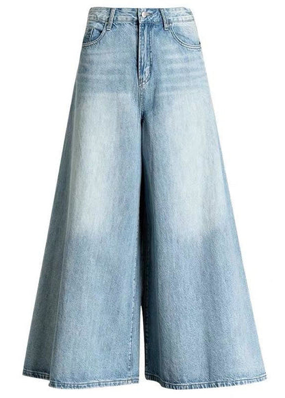 Diy Light Blue-sunflower Pockets Wide Leg Fall Denim Pants