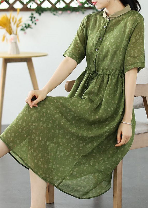 Diy Light Green Print Drawstring Button Patchwork Linen Dress Summer