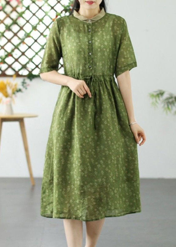Diy Light Green Print Drawstring Button Patchwork Linen Dress Summer