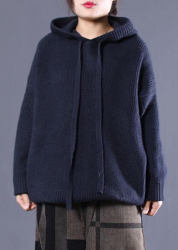 Diy Navy Hooded Loose Fall Knitted Top