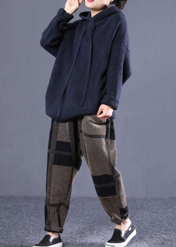 Diy Navy Hooded Loose Fall Knitted Top