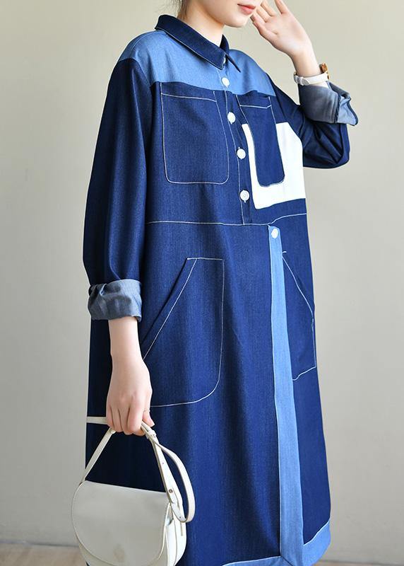 Diy Navy Long Sleeve Chiffon Dress Patchwork Mid Dress