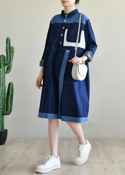 Diy Navy Long Sleeve Chiffon Dress Patchwork Mid Dress