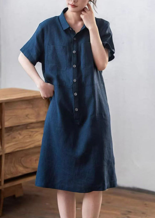 Diy Navy Oversized Pockets Linen Maxi Dresses Summer