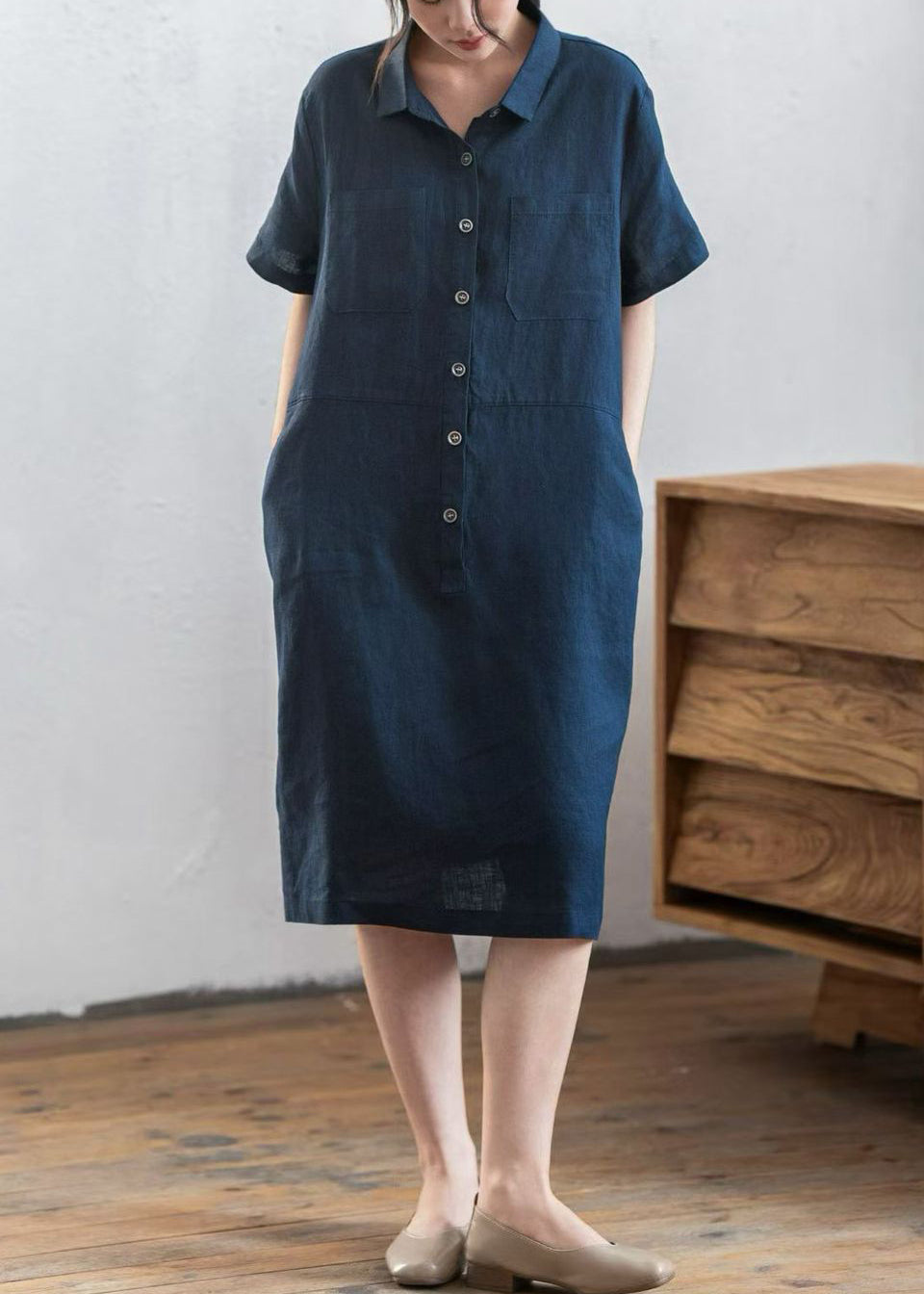 Diy Navy Oversized Pockets Linen Maxi Dresses Summer