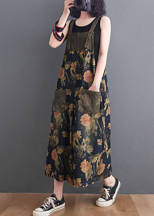Diy Navy Print Pockets Patchwork Denim Jumpsuits Summer