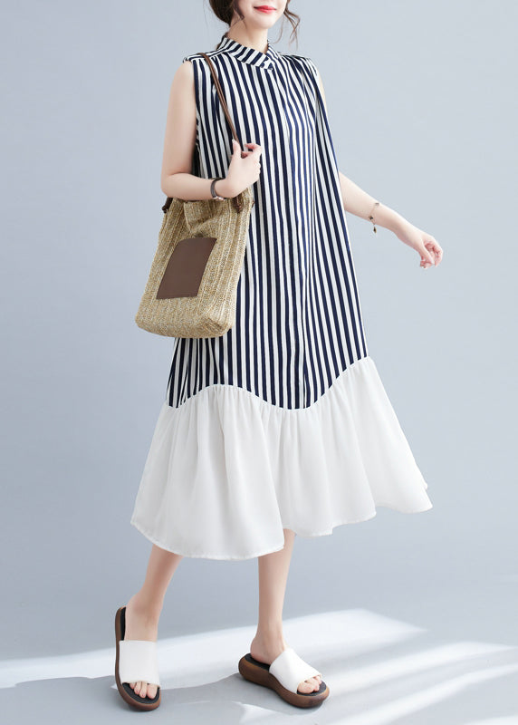 Diy Navy Stand Collar Patchwork Striped Dresses Sleeveless