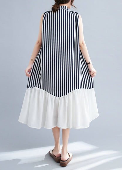 Diy Navy Stand Collar Patchwork Striped Dresses Sleeveless