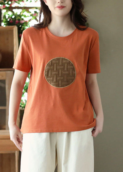Diy Orange O-neck Patchwork Cotton T Shirt Short Sleeve