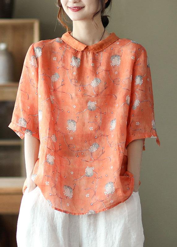 Diy Orange Print Ramie Half Sleeve Shirt Summer