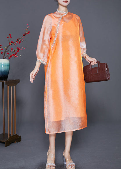 Diy Orange Stand Collar Lace Patchwork Silk Dress Bracelet Sleeve