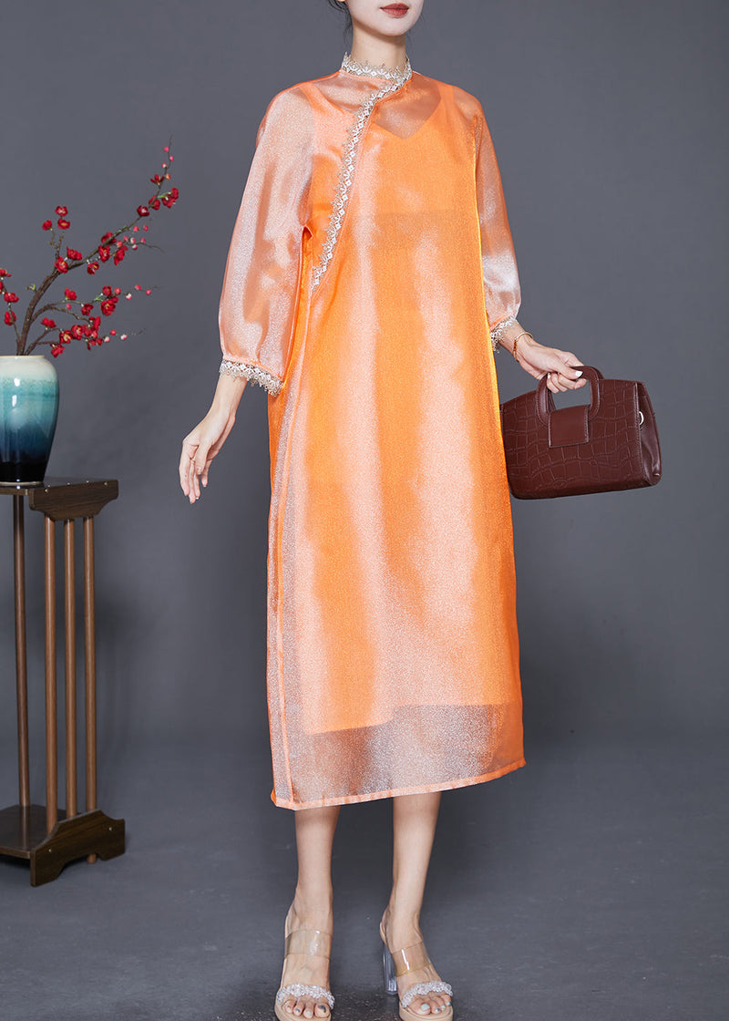 Diy Orange Stand Collar Lace Patchwork Silk Dress Bracelet Sleeve