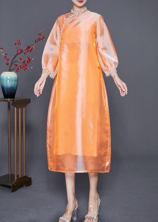 Diy Orange Stand Collar Lace Patchwork Silk Dress Bracelet Sleeve