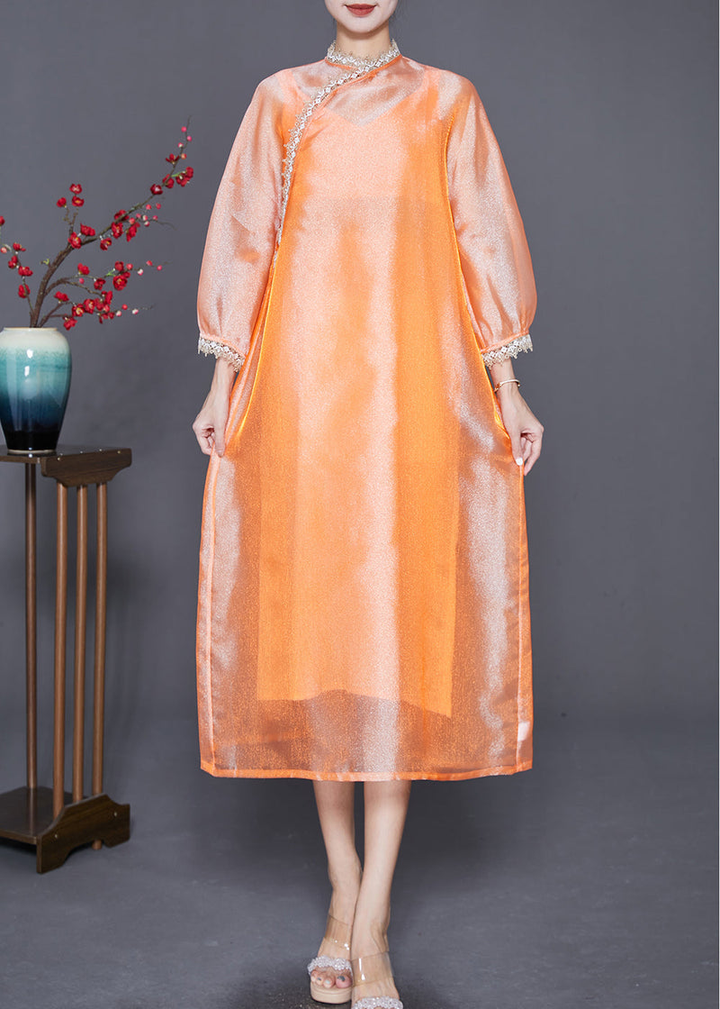 Diy Orange Stand Collar Lace Patchwork Silk Dress Bracelet Sleeve