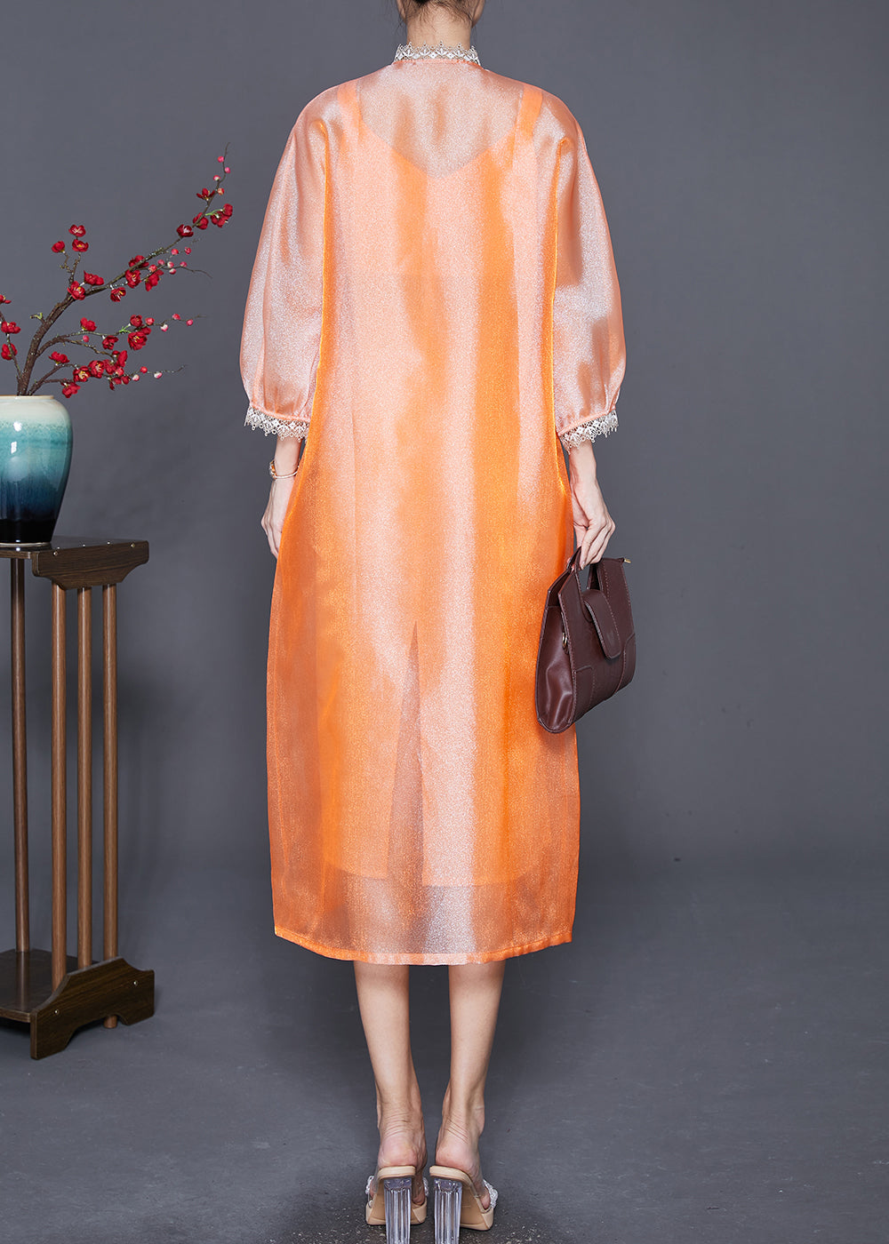 Diy Orange Stand Collar Lace Patchwork Silk Dress Bracelet Sleeve