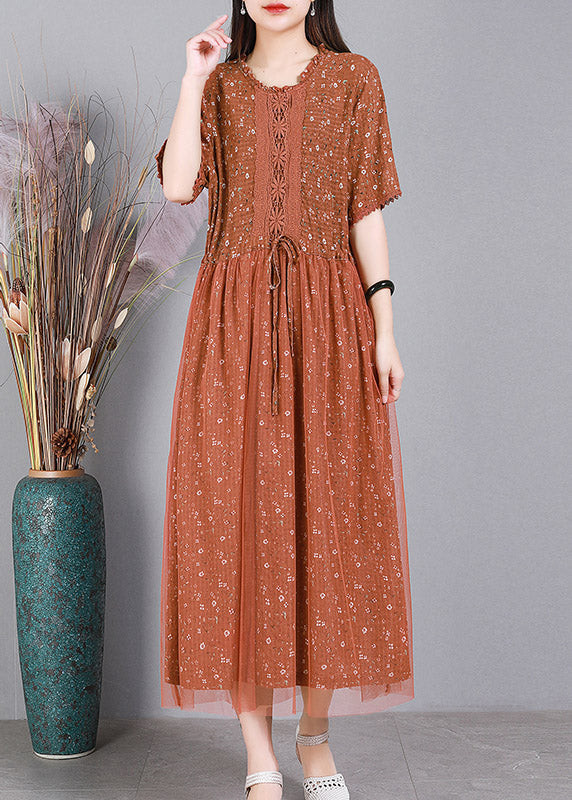 Diy Orange Tie Waist Embroideried Tulle Dress Short Sleeve