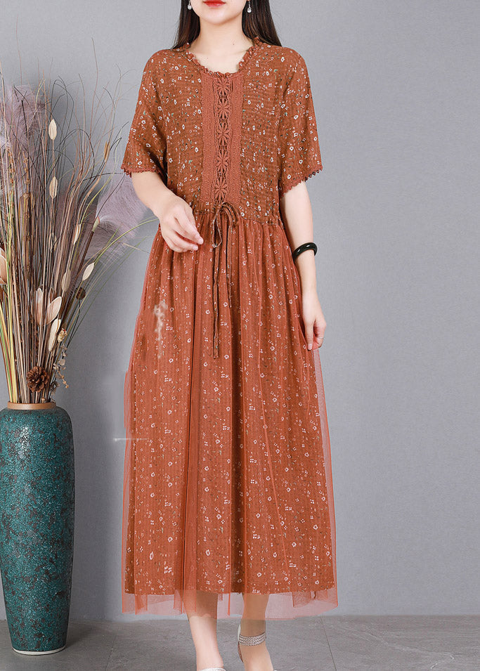 Diy Orange Tie Waist Embroideried Tulle Dress Short Sleeve