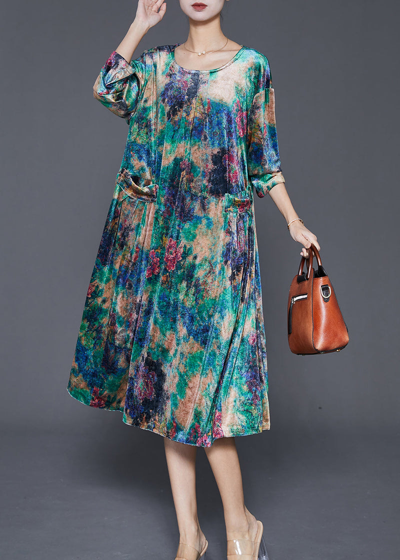 Diy Peacock Green Oversized Print Silk Velour Mid Dress Fall