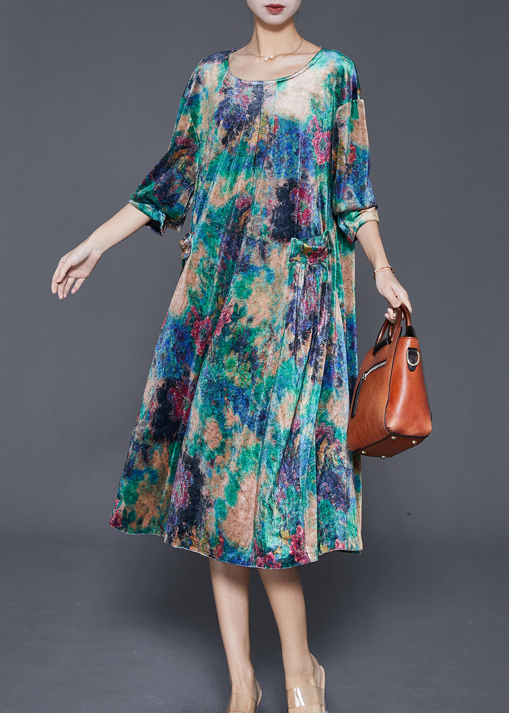 Diy Peacock Green Oversized Print Silk Velour Mid Dress Fall