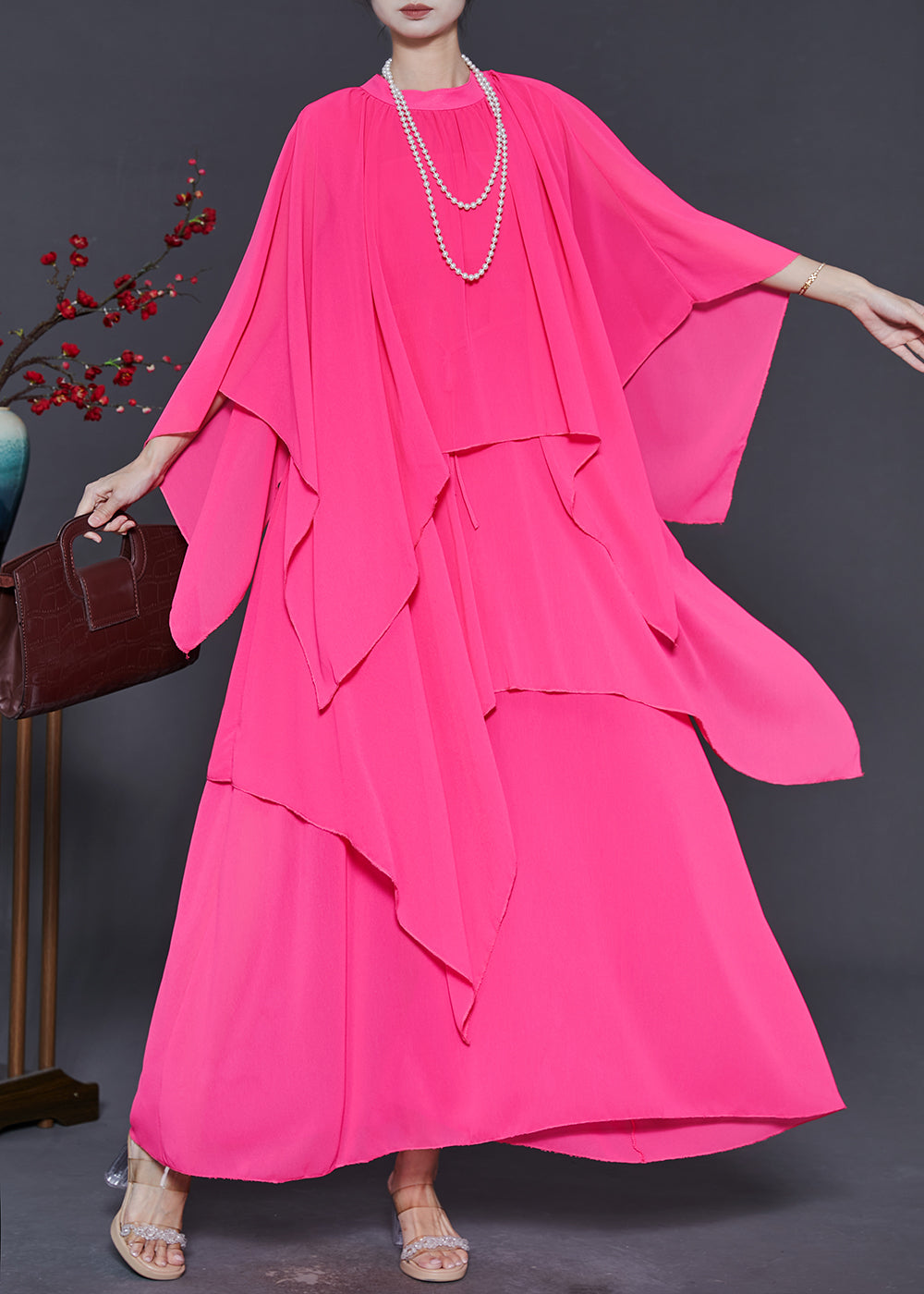 Diy Pink Asymmetrical Design Chiffon Maxi Dresses Summer