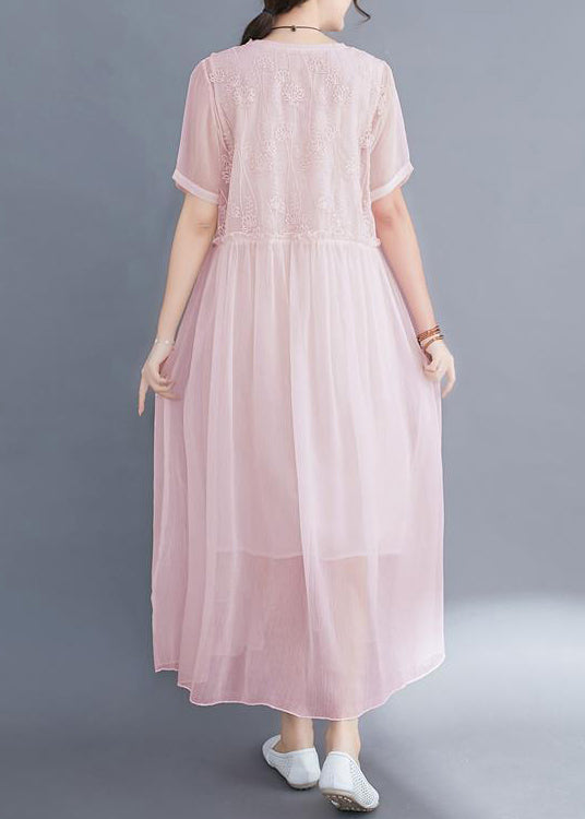 Diy Pink Embroideried Exra Large Hem Cotton Long Dress Summer
