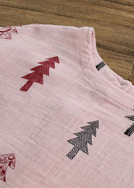 Diy Pink O Neck Print Cinched Patchwork Cotton Shirt Top Summer