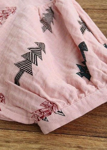 Diy Pink O Neck Print Cinched Patchwork Cotton Shirt Top Summer