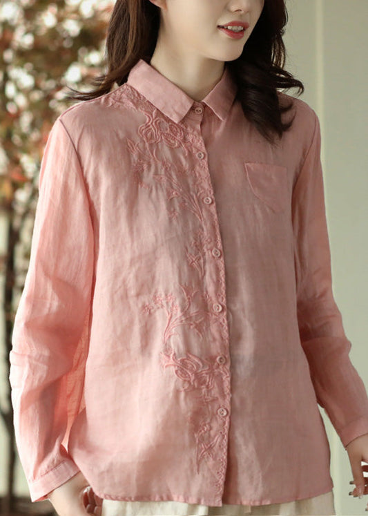 Diy Pink Peter Pan Collar Ramie Shirts Spring